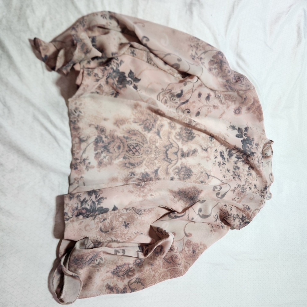 Pendleton Women's Sheer Floral Ruffle Blouse Dusty Rose Gray Long Sleeve Size 8 - Picture 9 of 10